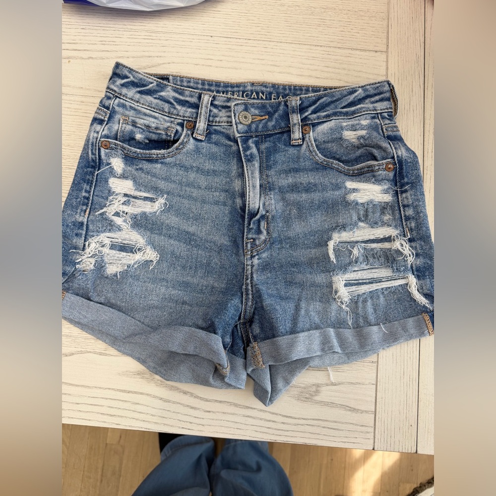 American Eagle Outfitters Distressed Cuffed Denim Shorts - Blue